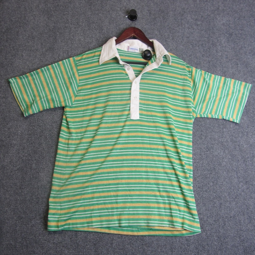 Vintage Monogram Rugby Polo Shirt Mens XL Green Striped 70s 80s USA Classic